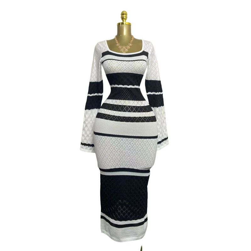 European and American New Fashion Casual Slim Fit Knitted Stripes Long Sleeve Dress Knitted Striped Dress