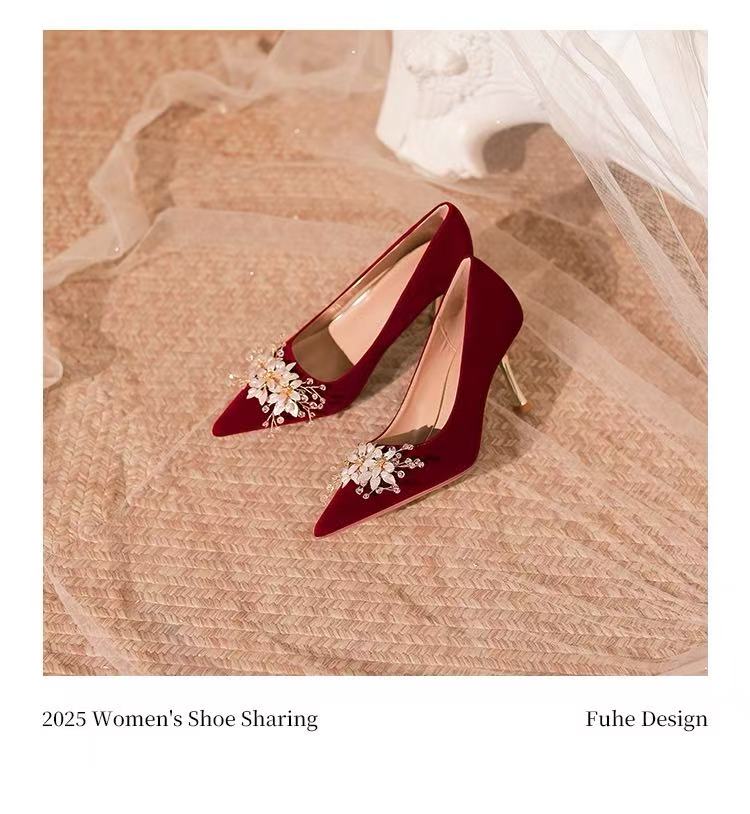 Classic Leisure Pumps for Women Slip on Thin High Heels Pointed Toe Wedding Women Shoes Crystal Bling Flower Summer Shoes