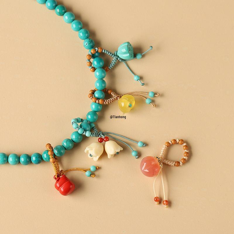 Agate Turquoise Pendant: Lotus Seed Pod & Persimmon Charm with Buddha Beads and Teardrop Running Ring.