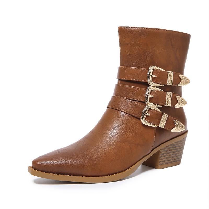 Fashion Chic Metal Buckle Belts Western Boots For Woman Pointed Toe Chunky Heel Ankle Shoes Cowboy Ladies Vintage Brown Leather Botas