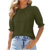 New Women's Solid Color Button Crew Neck Medium Sleeve Pleated Top