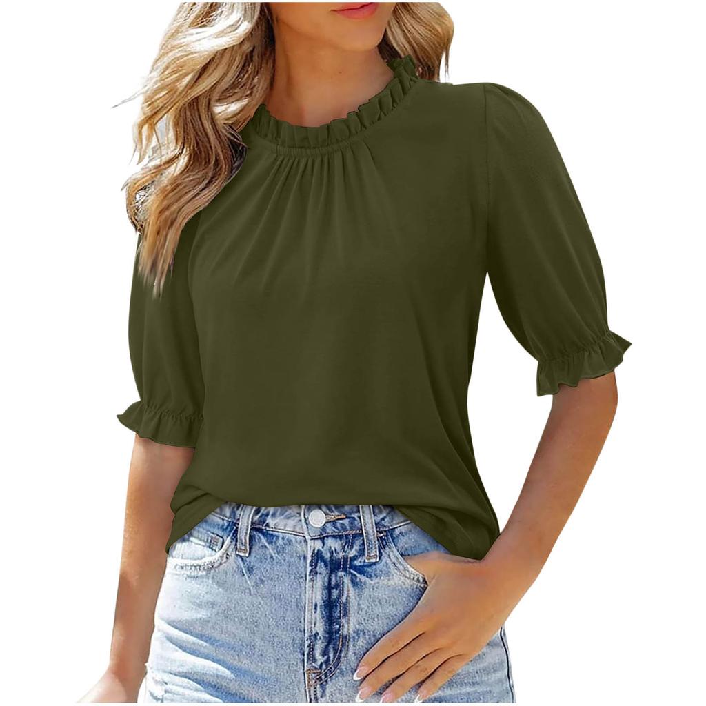 New Women's Solid Color Button Crew Neck Medium Sleeve Pleated Top