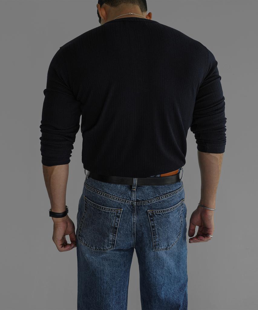 Baulopeulodeogteu Pattern Muscle Henley Neck Knit Tee [Navy]