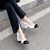 Summer Shoe Women's High Heels Shoes Women Mary Janes Pumps Square Toe Leather Sandals Black White Patchwork