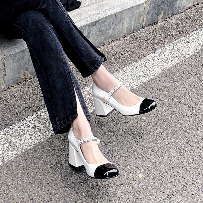 Summer Shoe Women's High Heels Shoes Women Mary Janes Pumps Square Toe Leather Sandals Black White Patchwork