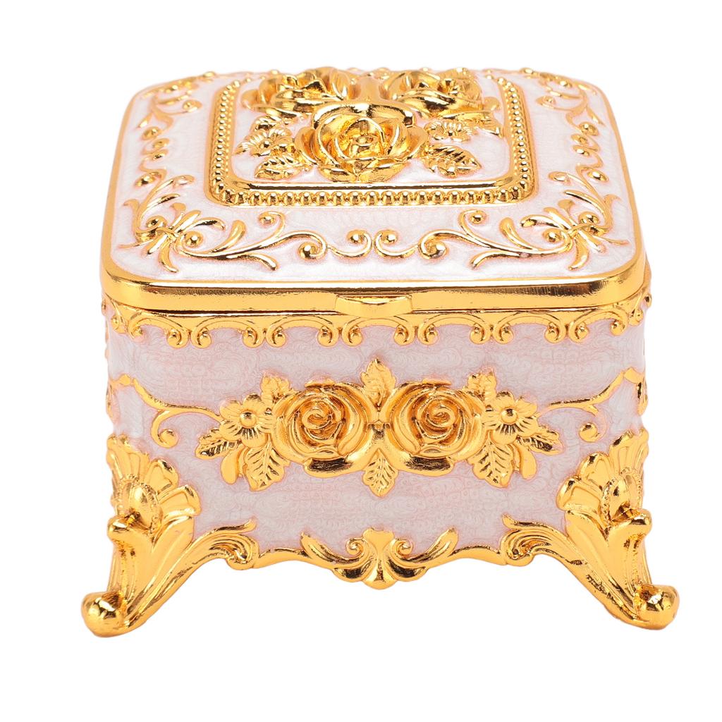 European Style Vintage Metal Jewelry Box Square Decorative Trinket Jewelry Storage Box for Earrings Necklaces White