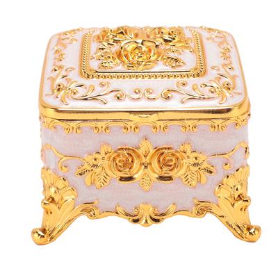 European Style Vintage Metal Jewelry Box Square Decorative Trinket Jewelry Storage Box for Earrings Necklaces White