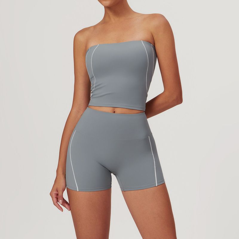 

Fashion Sexy Beauty Back Yoga Clothes Bootcut Trousers Suit Women s Summer Belly Contracting Hip Lifting Running Sports Stretch Tight Strapless Vest + Shorts Iron Gray XL