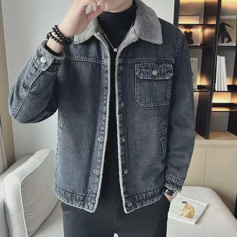 Men's 2024 Slim Korean Denim Jacket with Velvet Lining and Lapel – Plush Winter Style