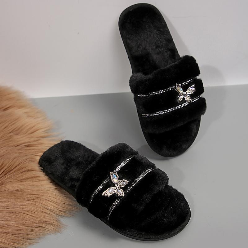 Metal Butterfly Decor Plush Slippers Women Indoor Home Open Toe Faux Fur Slides Woman Shiny Crystal Comfortable Fluffy Slippers