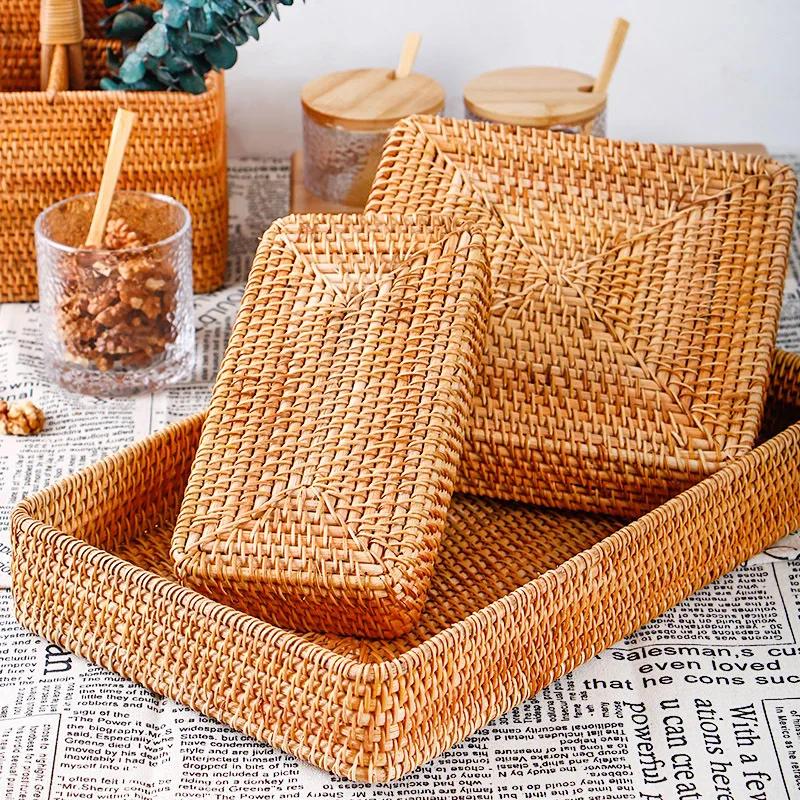 Dessert Tray Plant Basket Handmade Rattan Basket Rattan Storage Box Snack Bread Fruit Food Breakfast Table Display Tray
