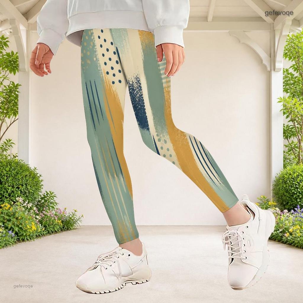 Girls Striped Dotted Printed Full Length Fitted Stretch Waist Yoga Leggings