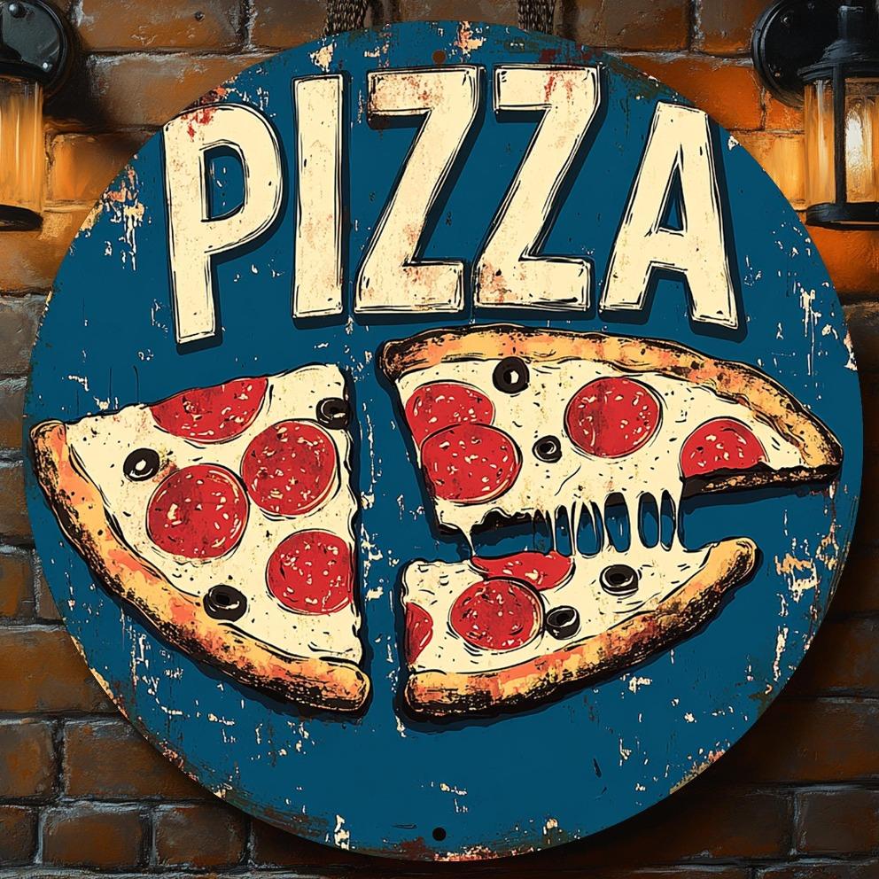 Vintage Pizza Slice Metal Sign  Round Wall Art with Rustic Blue Pizza Design Perfect for Home Bar Office Pizza Lovers Gift 20x20cm(8x8inch)