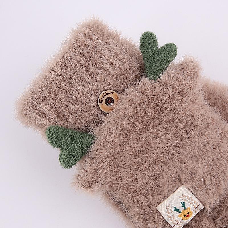 Gants tricotés demi-doigts à rabat pour femmes automne et hiver mignons bois chauds imitation vison étudiant écriture gants sans doigts