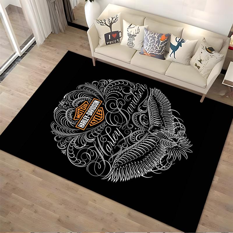 """Schwarzer Teppich mit Harley-Davidson-Logo und Adler-Grafikdesign"" Geeignet für den Einsatz als Anti-Rutsch-Matte für Wohnzimmer, Schlafzimmer, Sofas"""
