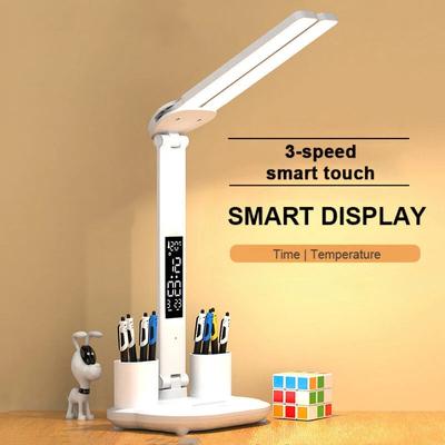 Lampă de masă cu ceas cu LED, încărcabilă prin USB, lampă de birou reglabilă, 2 capete, rotire 180, pliabilă, protecție ochilor, lumină de noapte pentru lectură