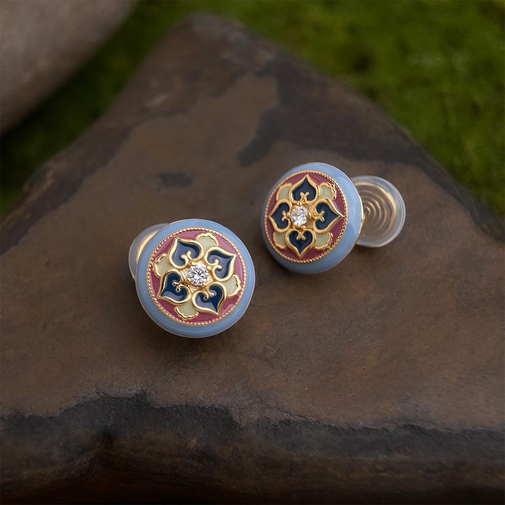 Vergoldete Retro Cloisonné Emaille Blumen Ohrstecker - Ethnisch Geometrisches High-End Design.
