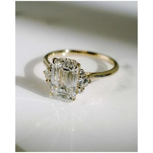 Women’s Emerald Cut Engagement Ring – Gold Plated Band with Emerald Center and Round Side Stones, Elegant Bridal Jewelry Gift for Her