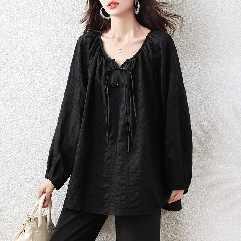 

Johnature Women Spring Autumn Black Top Women Chinese Loose Long Sleeve V-neck Shirts L чёрный