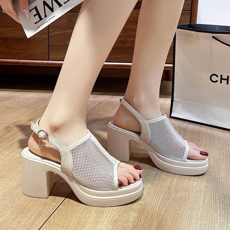 Fashion Elegant Woman Heeled Shoes 2025 High Quality Buckle Strap Women's Sandals Fashion Peep Toe Mesh Casual Women New Heeled Sandals