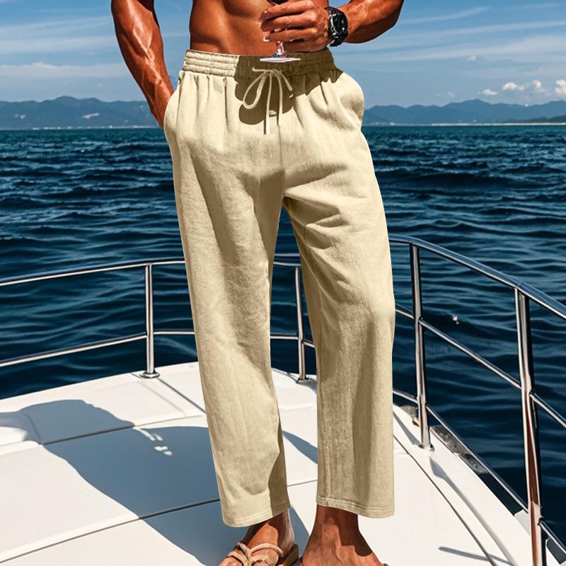 Men's Beige Textured Linen Blend Beach Pants, Casual Drawstring Elastic Waist Loose Fit Trousers