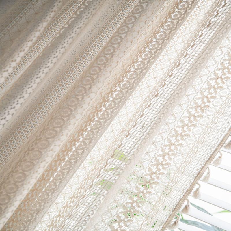 Rod Pocket Beige Curtain Crochet Hollow Tassel Blackout Bedroom Kitchen Living Room Window Curtains for Home Decor, 1pc