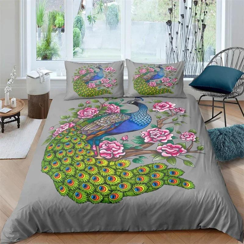 

Children Kids Peacock Soft Duvet Cover Set Twin Quen Birds Feather Patern Comfortable Quilt Cover Branch Flowers Beding Set Microfiber Bedspreads 135*200cm Eu-Single