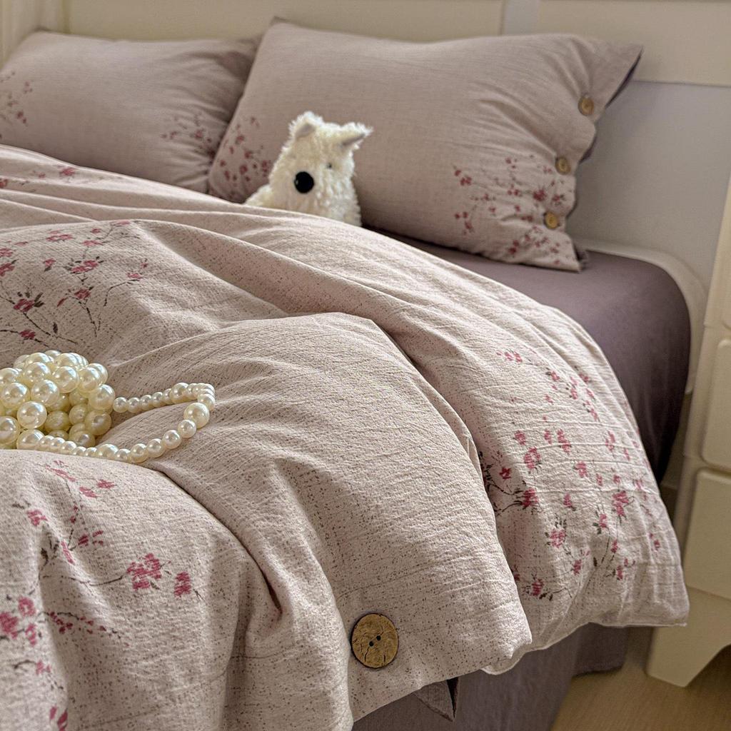 Washed Cotton Linen Floral Button Style Bedding Set (3-Piece)