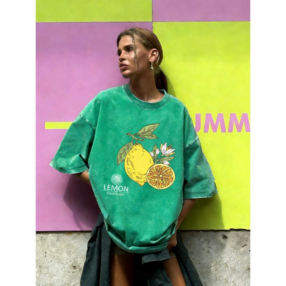 Fresh Fruits Lemon Printing Washed T Shirts Women Cotton T-Shirt Sport Summer Clothing Loose Hip Hop Short Sleeves