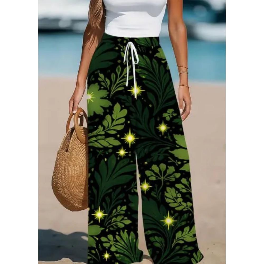 Summer Women's Fashion Floral Print Long Wide Leg Pants Elastic Waist Haren Pants Casual Pants Haren Pants