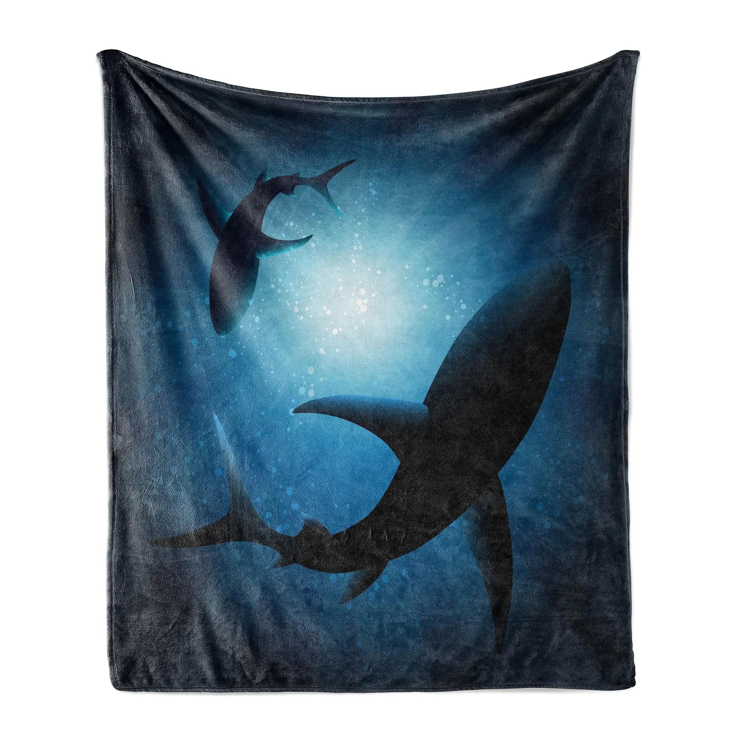 Shark Throw Blanket, Underwater Marine Life Scene with Fishes and Sea Plants Corals Starfish Flannel Soft Blanket for Adult Gift 100X150CM