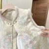 Women New Chinese Style Quilted Vest Stand Collar Floral Embroidery Faux Fur Trim Warm Sleeveless Waistcoat