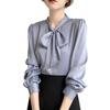 Women's Ash Blue Satin Long Sleeve Shirt - Retro Hong Kong Style, Spring Commute, Concealed Placket, Versatile Drapey Blouse