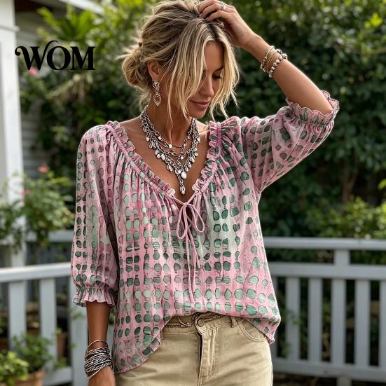 Comoda Maglietta da Viaggio da Donna Estiva Casual, Blusa con Scollo a V e Laccetti, Maniche 3/4, Blusa a Quadri Oversize con Stampa, Top Larghi e Svasati, Leggera