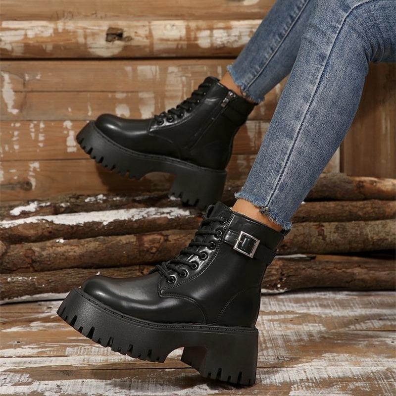 Plus Size 25 Autumn New Lace-up Round Toe Buckle with Platform Short Sore Women's British Style Fashion Trend Martin Boots
