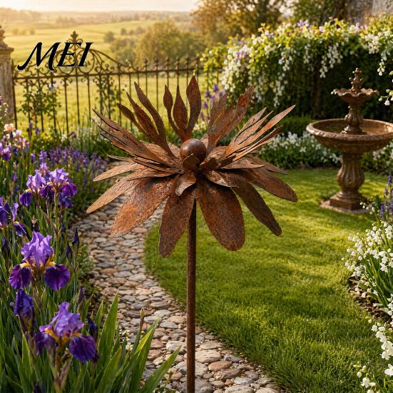 Vintage Style Garden Flagpole Rusty Outdoor Daisy Flower Metal Yard Stake, Rusted Iron Art Rust-red Patio Decoration Decoration, Weather-Resistant