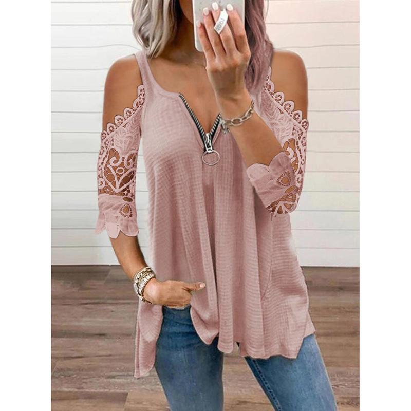 Summer Sexy Plus Size Lace T-shirt Women's Clothing Tunic Casual Elegant Half Sleeve Tops V Neck Zipper Off Shoulder Oversized Tees