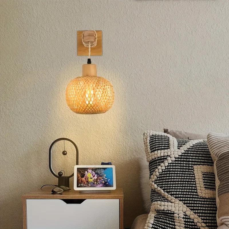 Handcrafted Bamboo Rattan Wall Sconce with Plug-In Cord - Rustic Farmhouse Boho Lighting Bedroom Commercial Spaces Vintage Lamp