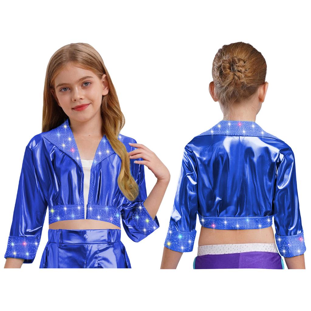 Kinder Bühnenauftritt Jacke Mädchen Jazz Dance Oberbekleidung Glänzende Strasssteine mit Reverskragen