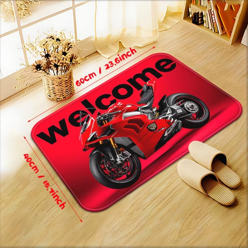 VIKAMA Willkommen Rotes Sportrad Fußmatte Super Rennmotorrad Buchstabendruck Rutschfeste Saugfähige Bodenmatte Biker Man Cave Garage