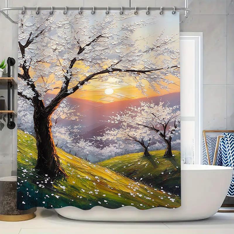 Cherry Blossom Tree at Sunset Waterproof Shower Curtain Heat Resistant Machine Washable Non-Transparent 180x180cm 90X180cm(35x70in)
