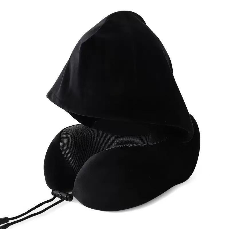 Memory Foam Travel Neck Pillow Soft Hooded Design Adjustable Strap Washable Cover for Flight Camping Nap