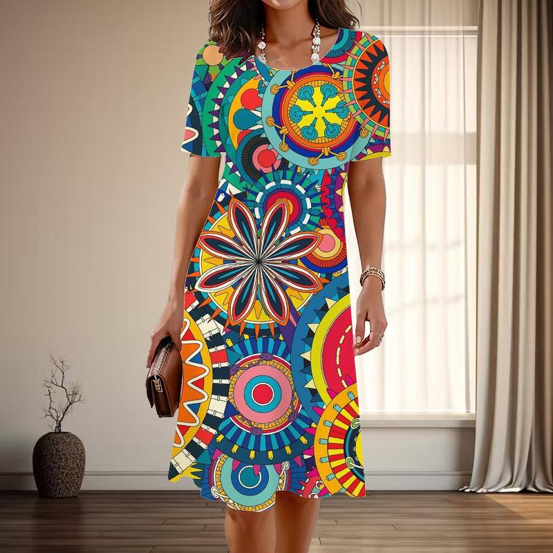 

Женская мода изящный ретро узор принт лето весна короткий рукав О-образный вырез повседневные платья 3XL оранжевый