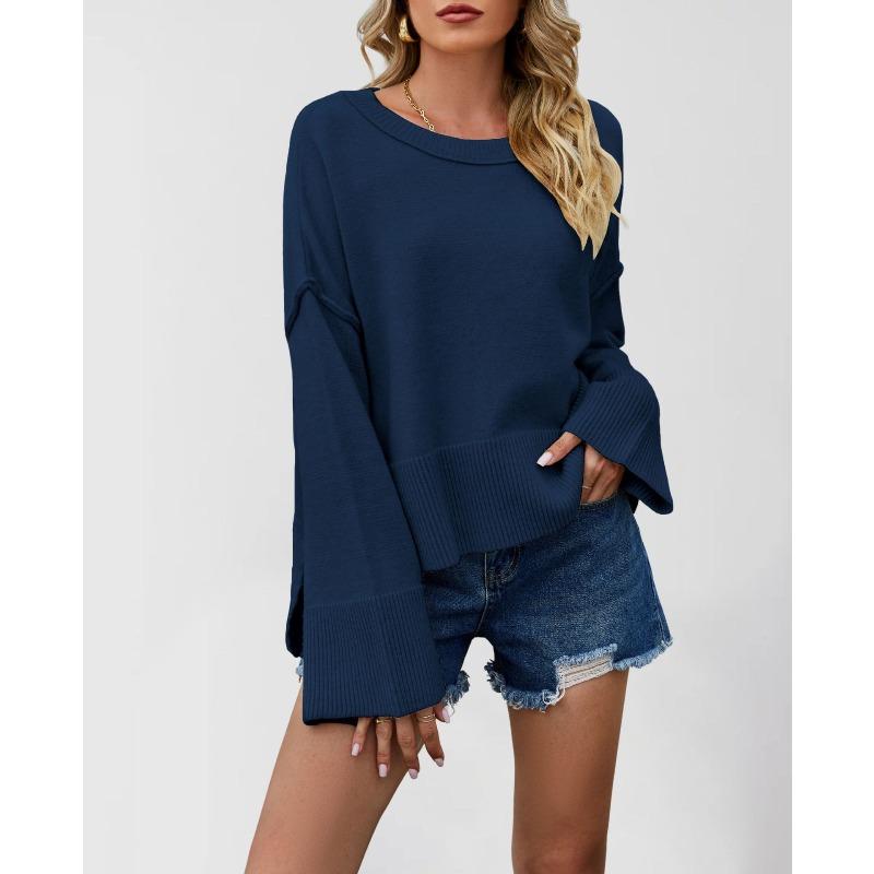 PEYWOW Women's Fashion Casual Solid Color Print Autumn Winter O-Neck Long Sleeve Loose Sweaters
