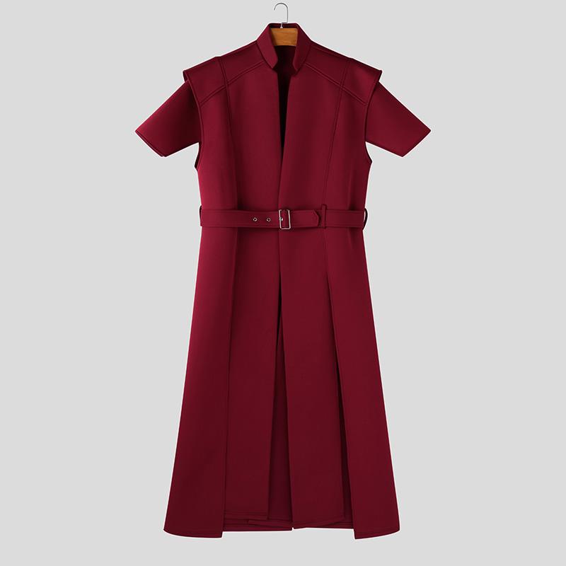 

INCERUN Мужские топы без рукавов с воротником-стойкой и поясом, длинные, повседневные туники, футболки L вино красного