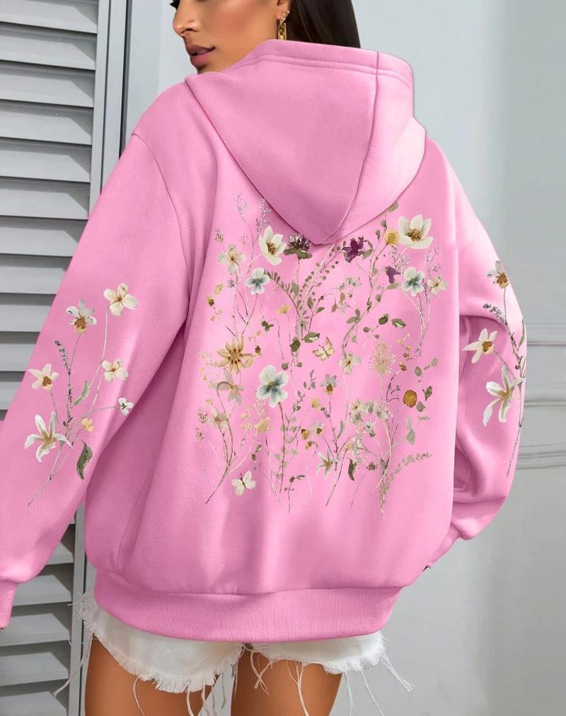 Damen Kapuzenpullover mit Blumen-Cluster-Print - Herbst Locker Lässig Fleece Pullover mit Taschen