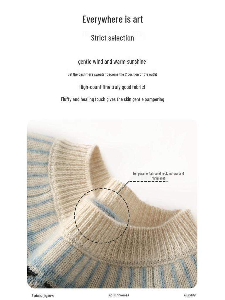 Women's Thickened Fair Isle Cashmere Pullover Sweater - Round Neck, Long-Sleeve, Double-Ply Wool Jacquard