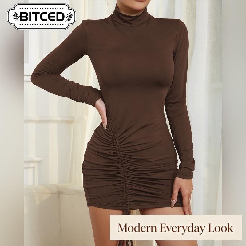 BITCED Women's Fashion Summer Spring Solid Color Print O-Neck Long Sleeve Casual Dresses
