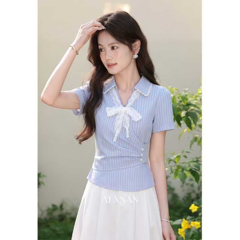 Women s Elegant Striped Short-Sleeve Shirt M