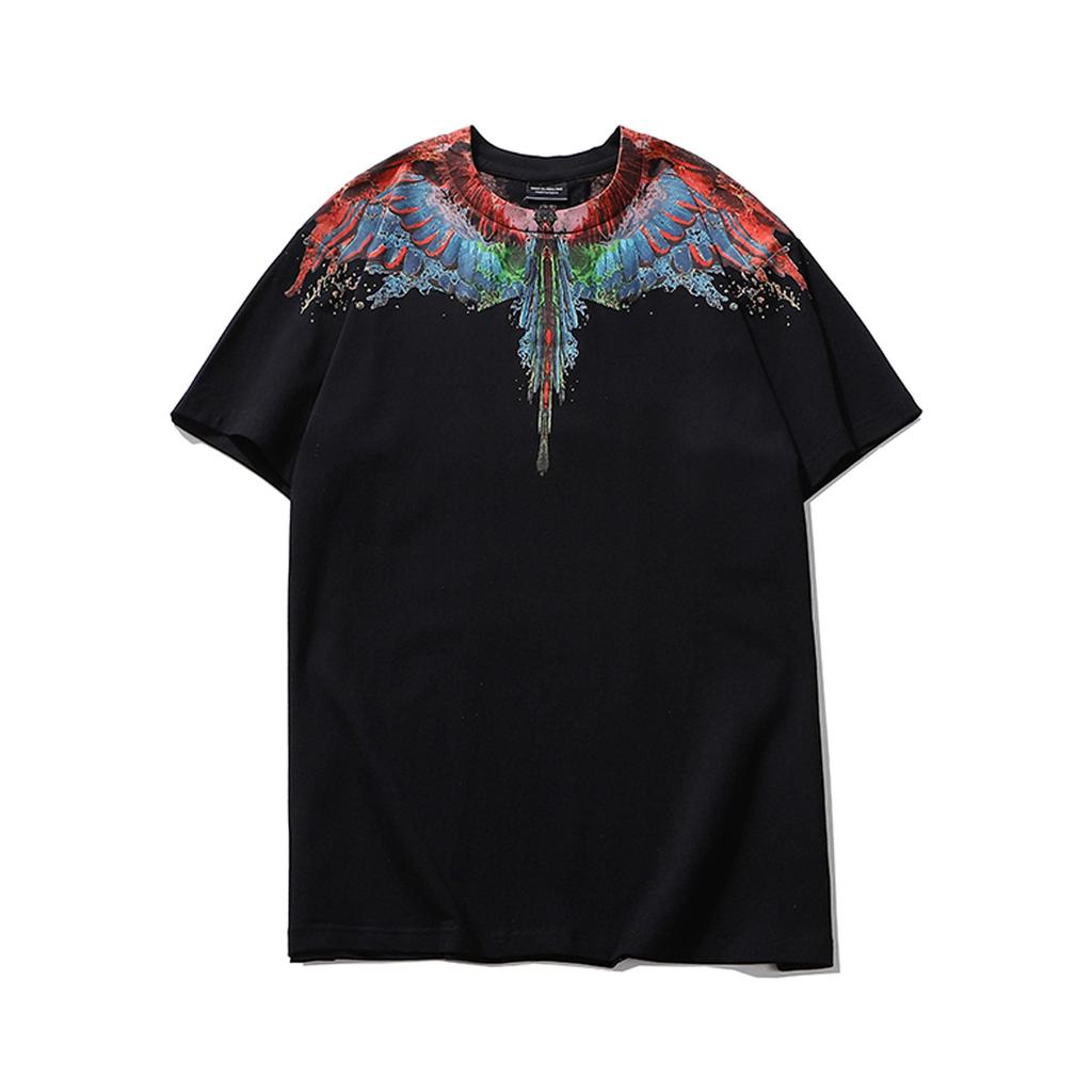 Marcelo Classic Phantom Wings Short Sleeve T-Shirt with Colorful Feathers and Lightning Design